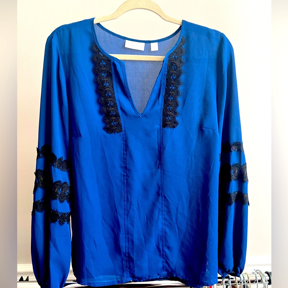 royal blue new york & company sheer blouse top with black lace detail